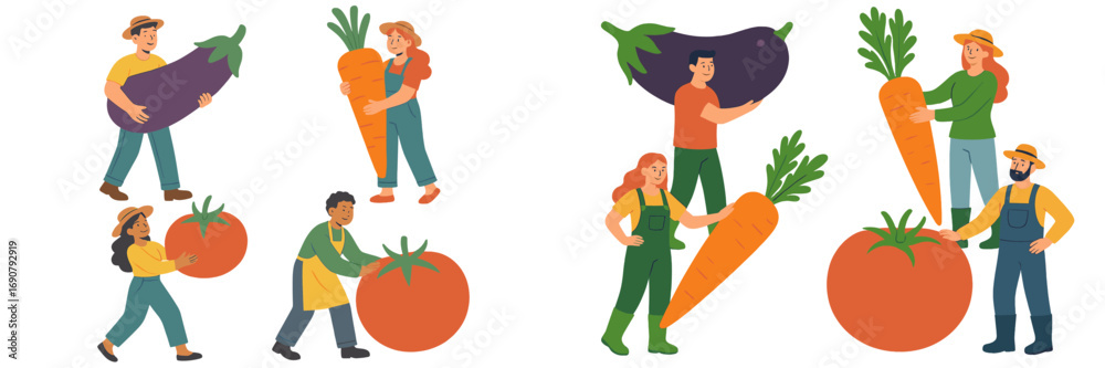 Diverse group of male and female farmers harvesting giant oversized ...