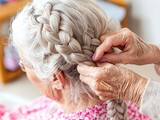 Close-up of senior woman braiding hair, focus on fingers and strands, 3D illustration