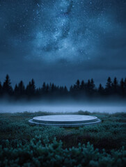 Wall Mural - A circular platform in a misty field under a starry night sky, surrounded by dark trees, creating a serene and mystical atmosphere.