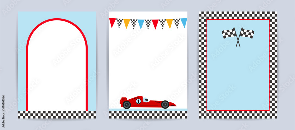 Set of card racing car theme template design. Frame with checkered ...