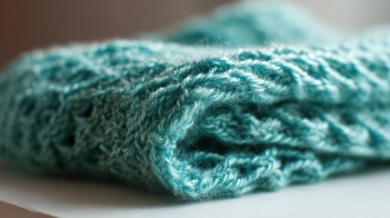 Soft aqua knitted fabric close up with textured pattern for crafting and design projects