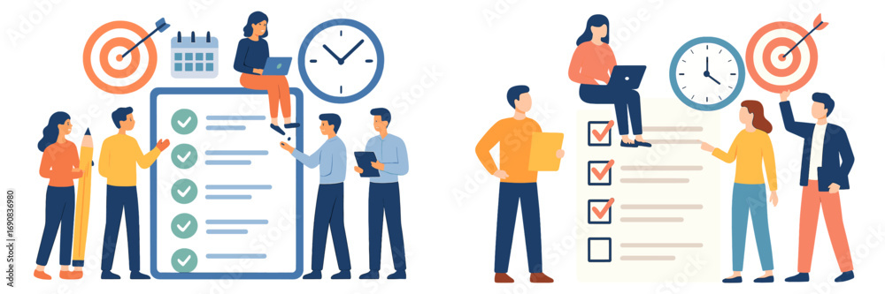 Corporate team collaborating on project management, organizing tasks on ...