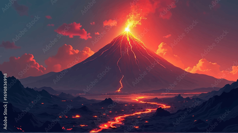 A volcano erupts, spewing lava and ash into the sky, with a river of ...