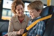 © Chayada - School bus safety mother assists son with seatbelt inside school bus lifestyle caring environment close-up view family values