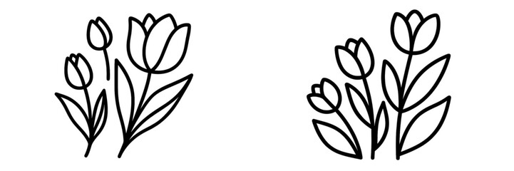 Set of two minimalist tulip bouquets in a simple line art style, isolated botanical design elements for logos or icons
