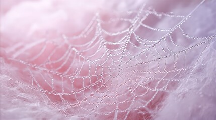 Delicate spider web with dew drops on soft background
