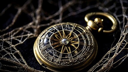 Vintage pocket watch covered with spider web, close-up detail.