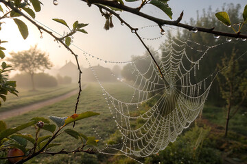 A macro closeup of a spider web in the morning dew, glistening with natural water drops on green grass