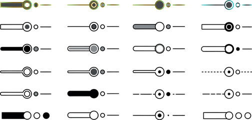 A diverse collection of vector UI slider and toggle switch elements. Set of user interface control graphic assets for web and app design