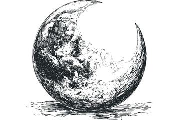 Wall Mural - Crescent moon celestial body rendered with textured lines. Vector hand drawn illustration