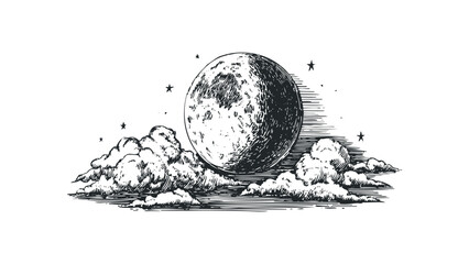Wall Mural - Full moon and clouds on transparent background in sketch style. Vector hand drawn illustration