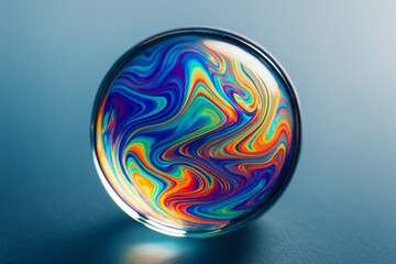 Wall Mural - Abstract sphere with vivid swirling colors on blue surface background expressing light energy and futuristic concept of fluid dynamics. Ai generative