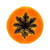 Top view of a vibrant orange papaya slice showcasing its starshaped seed arrangement isolated on transparent background