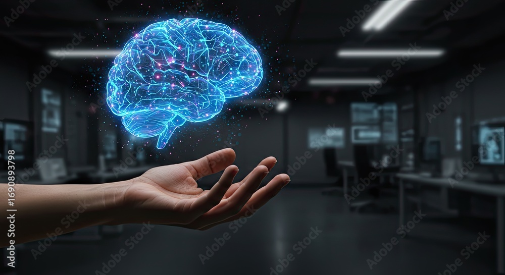 A human hand presents a glowing digital brain hologram, symbolizing the fusion of human intellect with artificial intelligence and future technology