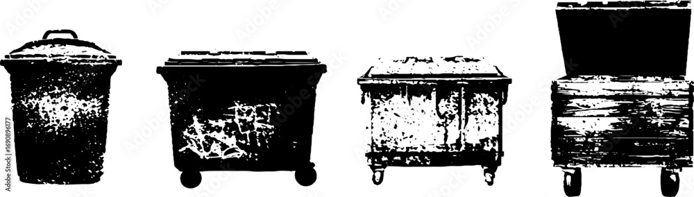 Grunge black and white illustration set of trash bins for urban design ...