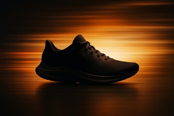 Wall Mural - silhouette of a black athletic sneaker against glowing orange abstract background with motion blur e