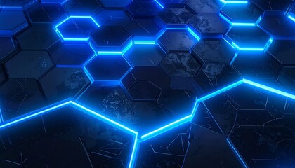 Pattern of connected hexagons with glowing neon blue lines futuristic tech style abstract background
