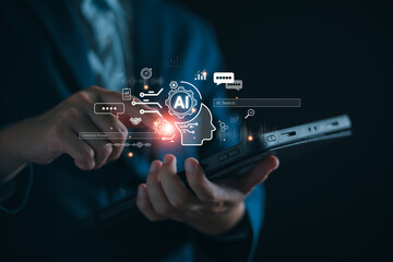 Wall Mural - AI, Artificial intelligence technology, Machine learning, Marketing data analysis with Ai, Analyzing customer behavior, Data science, Assistant automation software, Chatbot on business network.