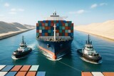 Massive cargo ship escorted by tugboats through a narrow canal under bright daylight with desert landscape in the background. Ai generative