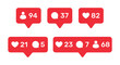 © Mirikiteki - Social media notification icons set with followers, likes and comments counters. Red pop up bubble design isolated on white background for digital marketing, community engagement and interaction