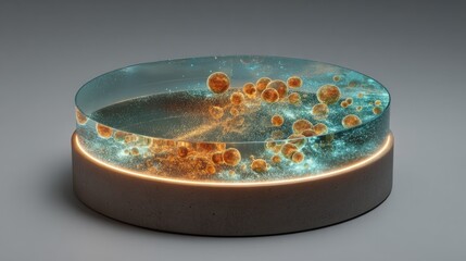 Circular, clear glass dish with glowing amber orbs