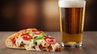 © Eko - Delicious slice of pepperoni and vegetable pizza next to a frosty glass of golden beer on a wooden table, perfect for a casual meal or gathering