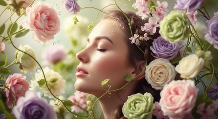 beautiful woman surrounded by flowers, peaceful moment.