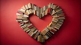 A heart shape formed by a collection of vintage books arranged on a vibrant red background, representing love for reading and knowledge