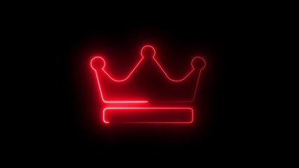 Luxury crown icon with red neon glowing outline on black background.4k video