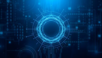 Abstract blue technology background with digital circle and binary code.