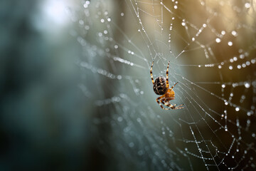 A spider weaves a delicate web, sparkling with dew, in a tranquil woodland at dawn