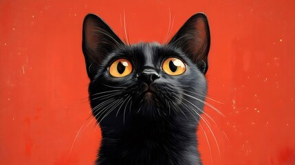 Naklejka na meble Black Cat with Yellow Eyes on Red Background Intense Gaze Charming Feline Companion Domestic Pet