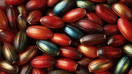 Colorful, oval-shaped objects, densely packed, various shades of red, blue, brown, gold