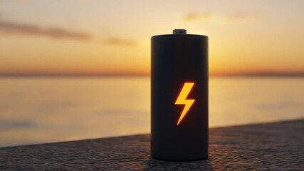 Battery symbol power energy at sunset concept