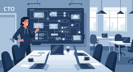 Chief Technology Officer Explains Data Flow in a Modern Office Environment to Team
