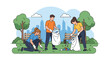 © meeblues - Flat illustration of people cleaning up litter in a city park with bags and tools, symbolizing community action, environmental care, and sustainability for a cleaner future