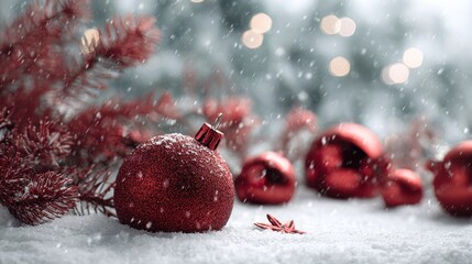 Wall Mural - red christmas tree balls on white snow blurred christmas tree garlands and christmas decorations in the background winter christmas card