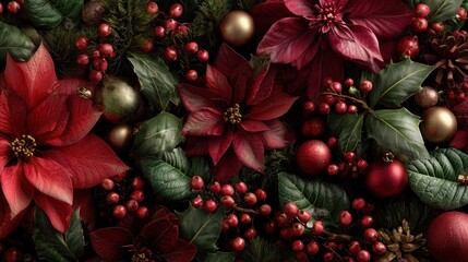 Wall Mural - festive christmas poinsettias holly berries and ornaments image