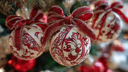 Wall Mural - decorative christmas ornaments featuring red and white designs with festive bows for holiday celebrations