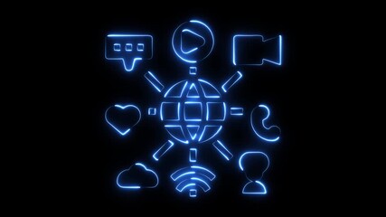 Global network connection communication icons glowing blue neon lines on black background digital technology concept