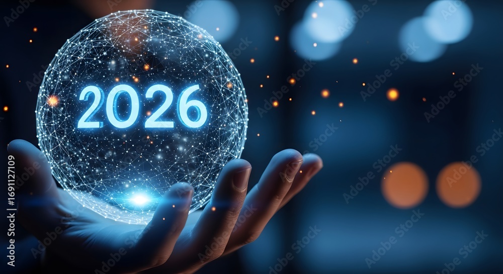 Hand holding glowing futuristic sphere with the year 2026 illuminated ...