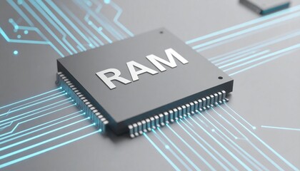 A close-up macro photograph of a RAM microchip on a printed circuit board with glowing data lines.