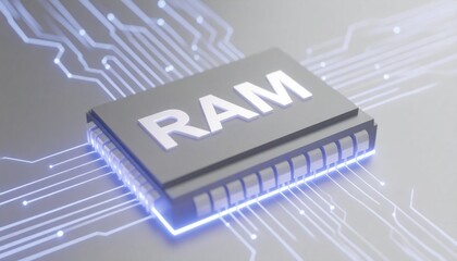 Close-up of a RAM (Random Access Memory) chip on a glowing blue circuit board.
