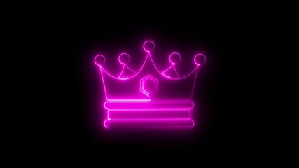 Glowing pink crown icon representing royalty and leadership on black background.4k video
