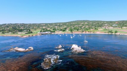 Wall Mural - Arial drone view of Carmel by the sea, California with ocean and mountain