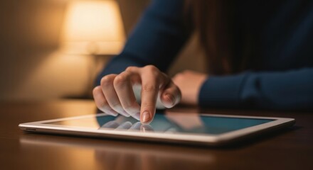 Female hand using tablet on wooden table with soft lamp light in background