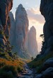 © Yaroslava - distinctive rock formations illuminated dramatic lighting enveloping sculptured artistry, nature, landscape, textures, shadows, patterns, crag, cliff