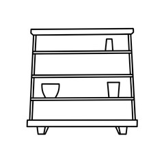 Illustration of a simple shelving unit with three shelves and a few items on the shelves displayed inside on transparent background