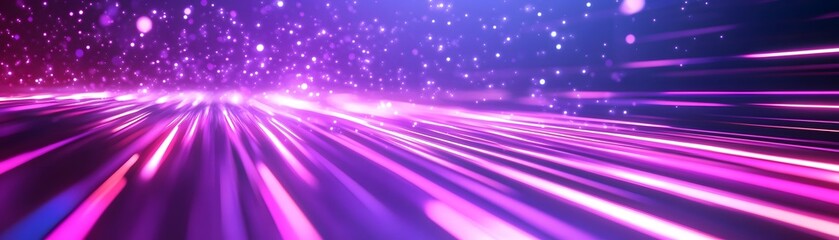 A vibrant digital landscape showcases a dynamic array of glowing lines, blending purples and pinks, against a backdrop of sparkling particles.