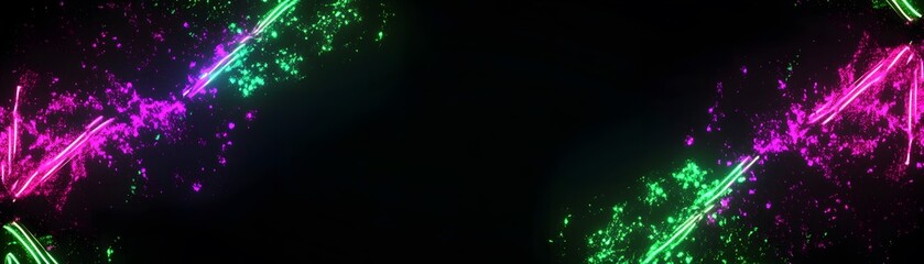 Wall Mural - neon lines of vibrant green and pink light, accompanied by a scattering of particles, create an ener
